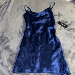 Draped neck navy blue satin dress